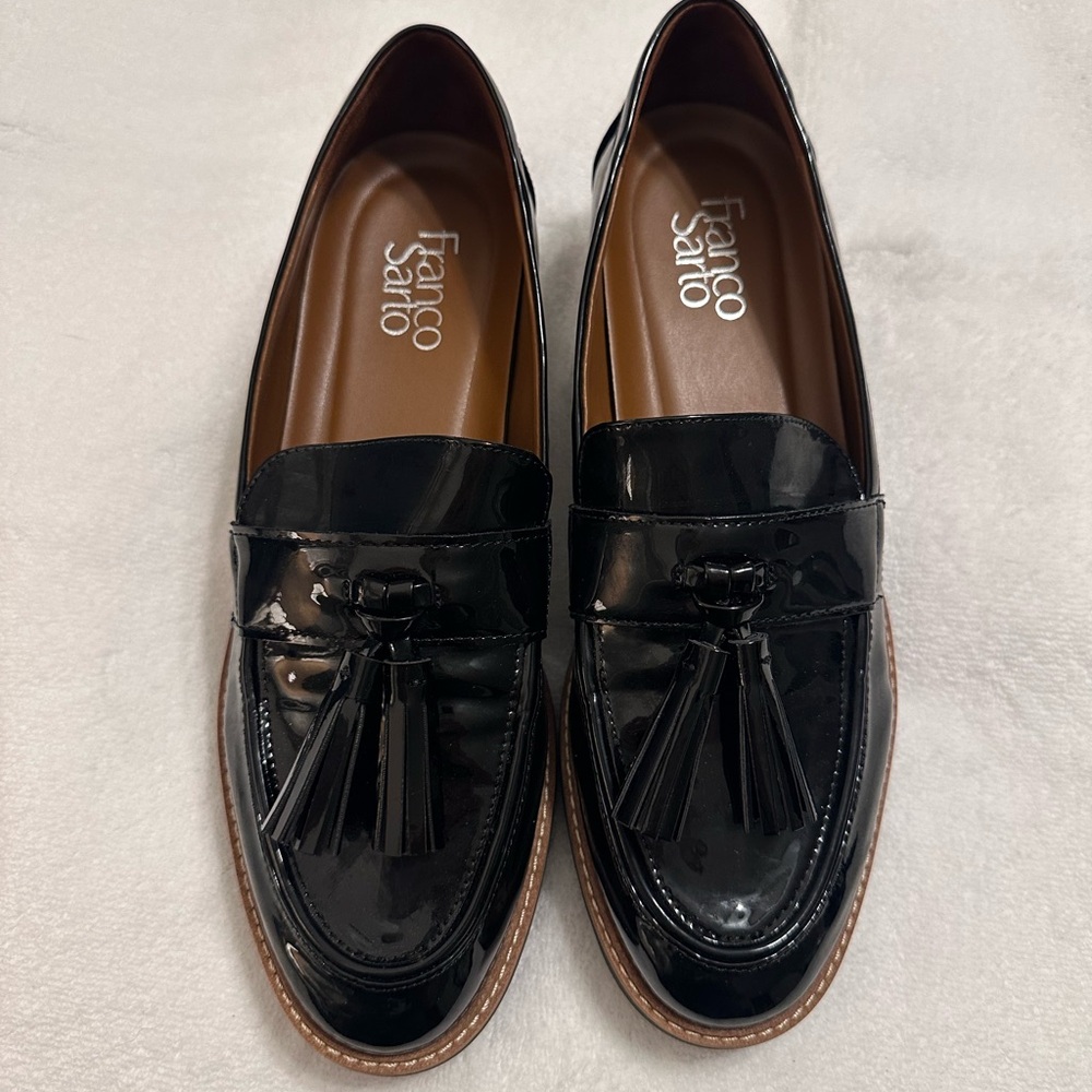Franco Sarto Glossy Black Tassel Loafers
